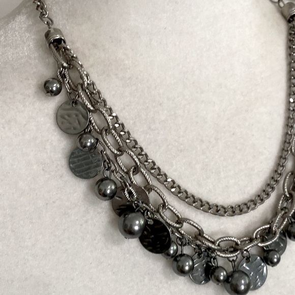 Silver Rocker Rebel Edgy Layered Bead Discs Coins Textured Chain Necklace - Picture 5 of 16